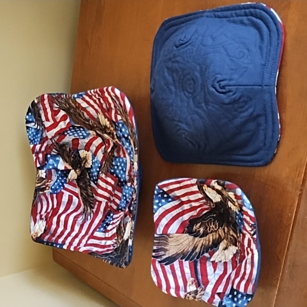 3 Bowl Cozies Large Medium Small USA Flags Eagles Patriotic Red White Blue Brown